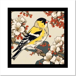 Vintage Goldfinch in Yellow Japanese Blossoms Bird Watching Dad Posters and Art